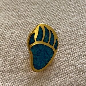 Gold Tone Metal and Blue Compressed Turquoise Bear Paw Lapel Pin